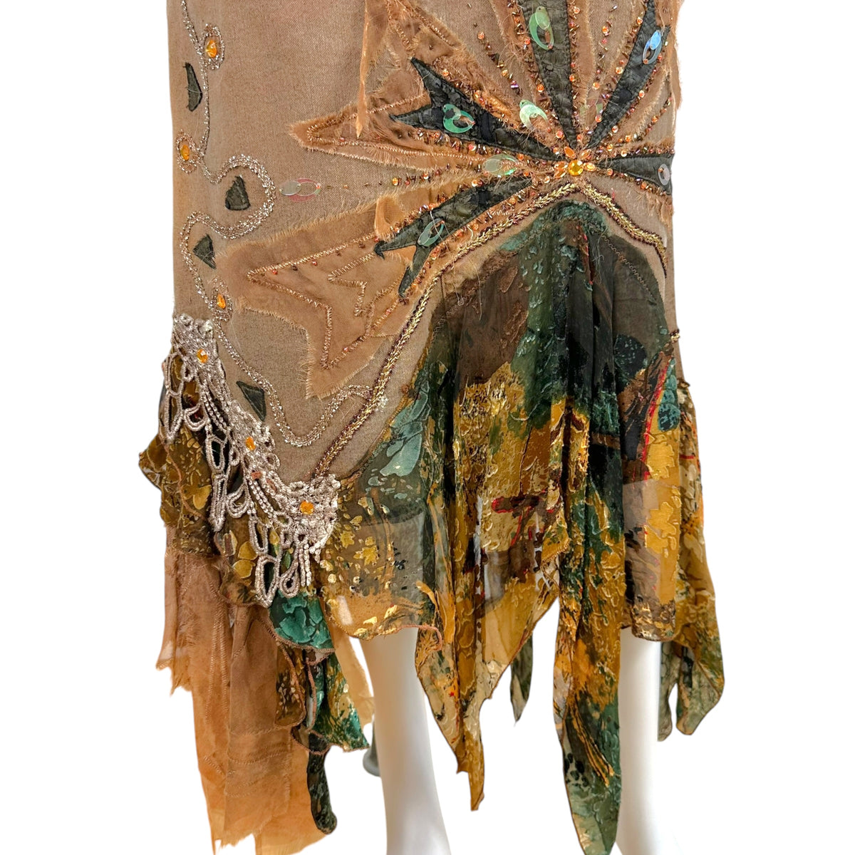 Vintage Brown Silk Denim Sequin Midi Skirt