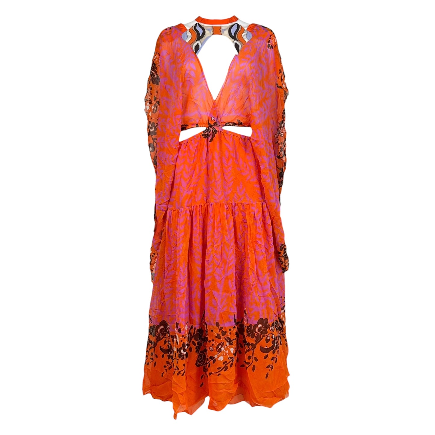 Fendi Orange & Purple Printed Silk Batwing Sleeve Cut-Out Maxi Dress NEW