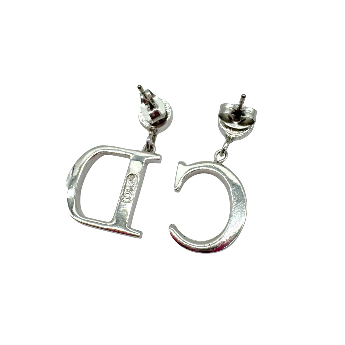 Christian Dior Silver Rhinestone Logo Dangly Stud Earrings