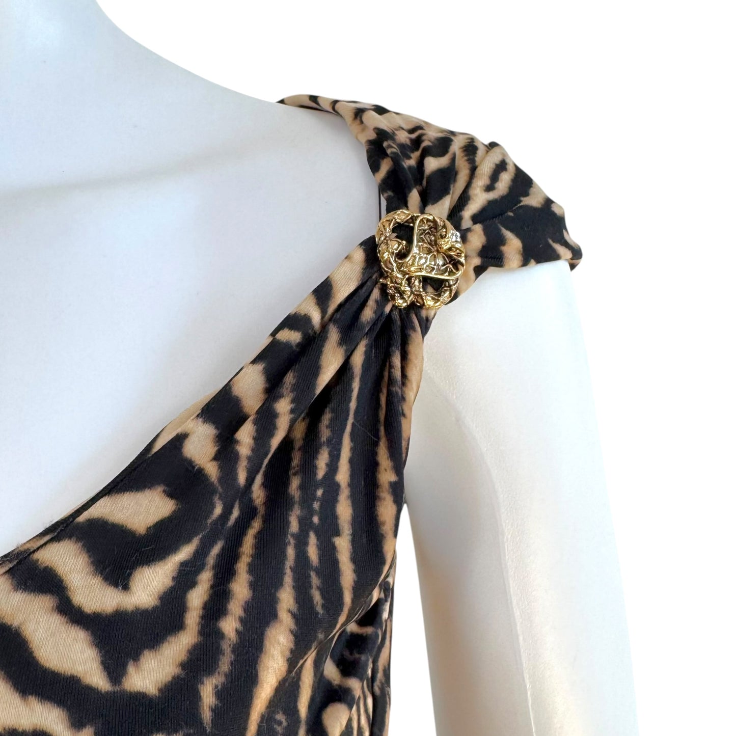 Roberto Cavalli 2006 Tan & Black Zebra Print Midi Dress