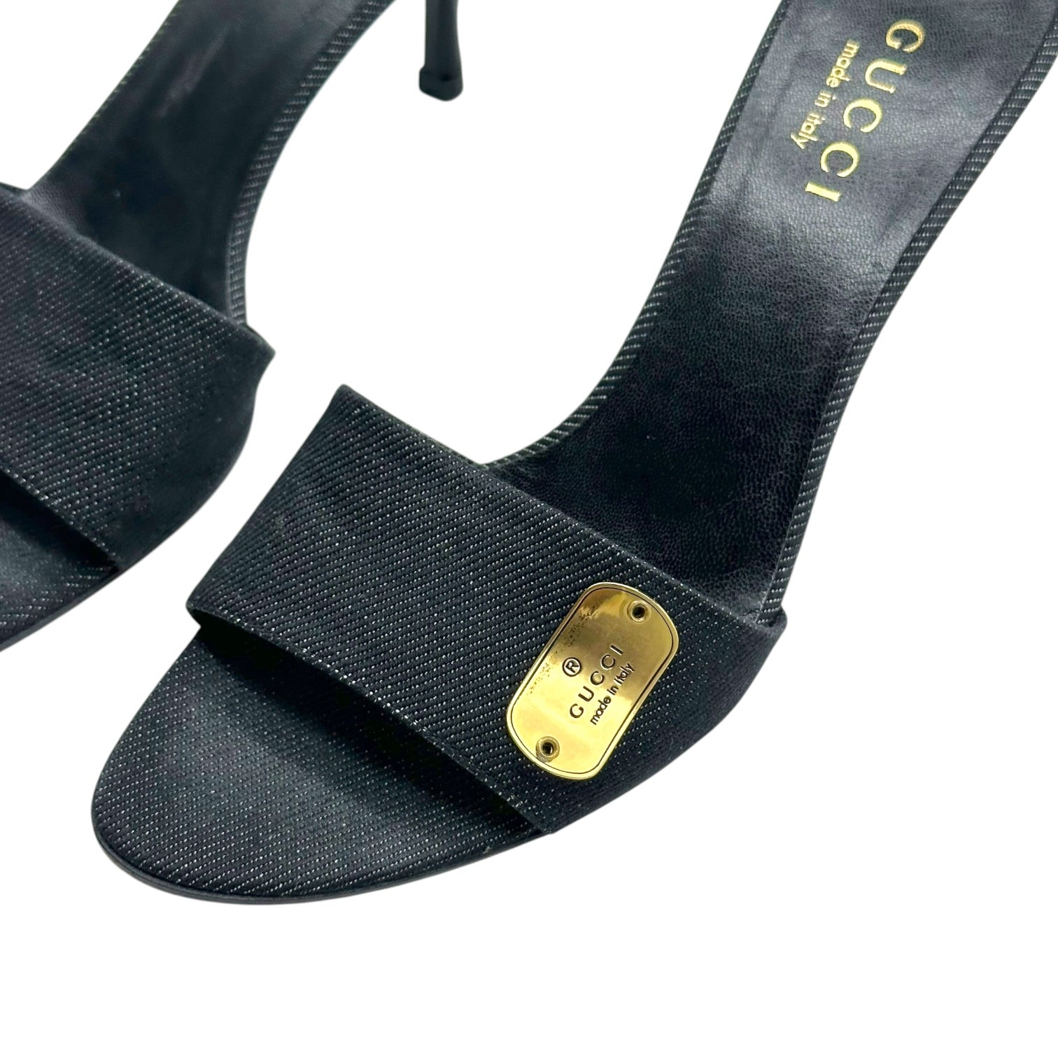 Gucci Dark Wash Denim Gold Kitten Heel Mules