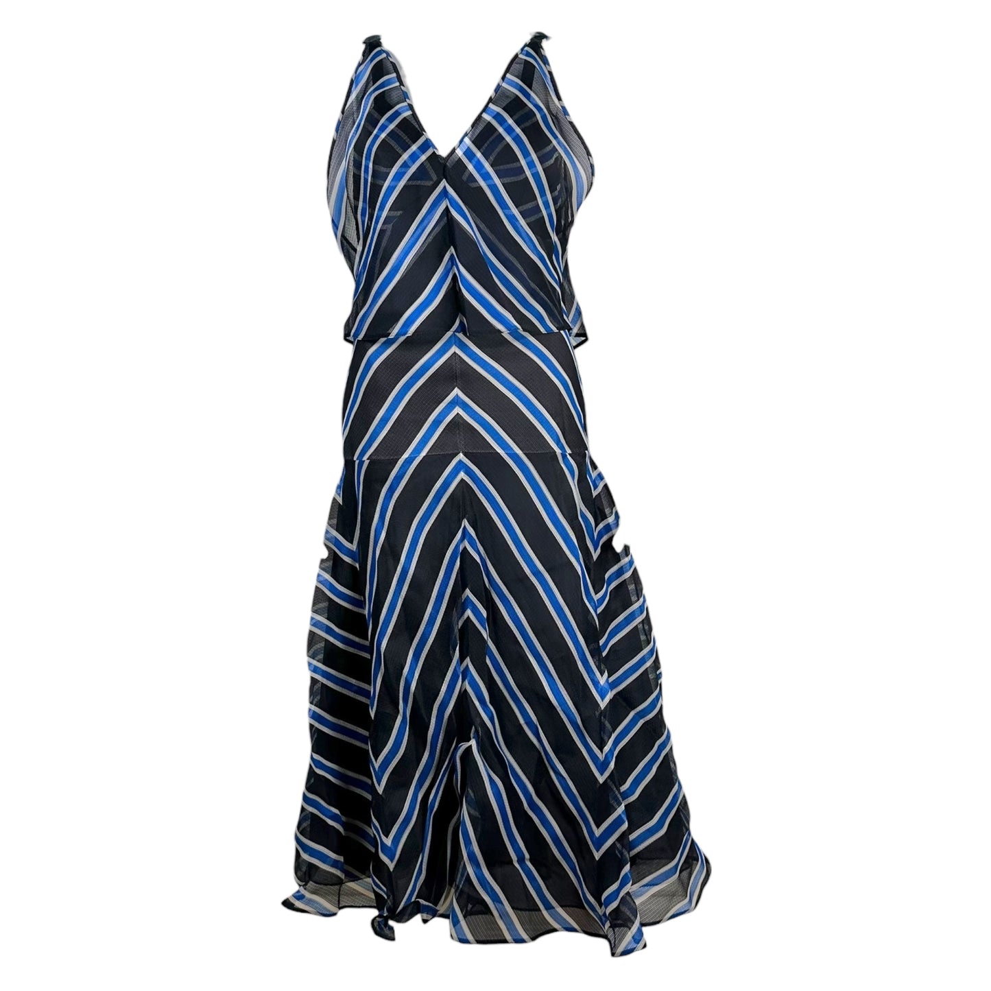 Fendi 2017 Black & Blue Striped Multi-Layer Asymmetrical Maxi Dress