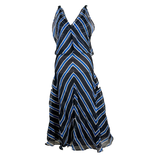 Fendi 2017 Black & Blue Striped Multi-Layer Asymmetrical Maxi Dress