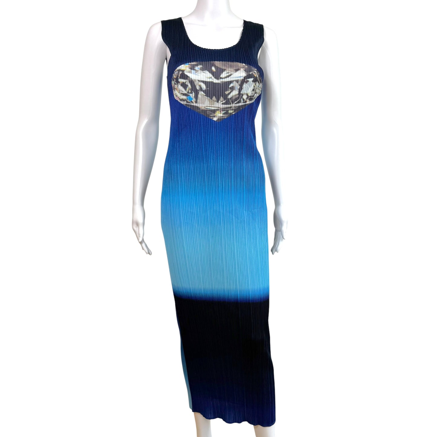 Issey Miyake Pleats Please Blue Ombre Diamond Graphic Print Pleated Maxi Dress Sz 4