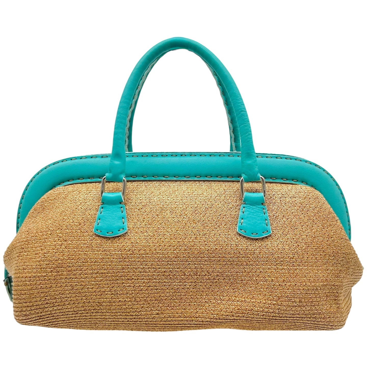 Fendi Selleria Raffia & Turquoise Leather Trim Doctors Bag