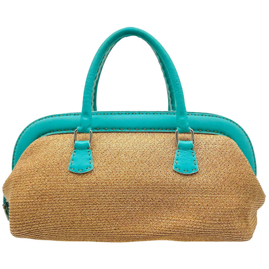 Fendi Selleria Raffia & Turquoise Leather Trim Doctors Bag