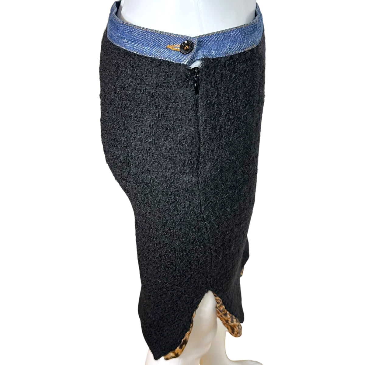 Dolce & Gabbana Black Tweed Denim Leopard Print Midi Skirt