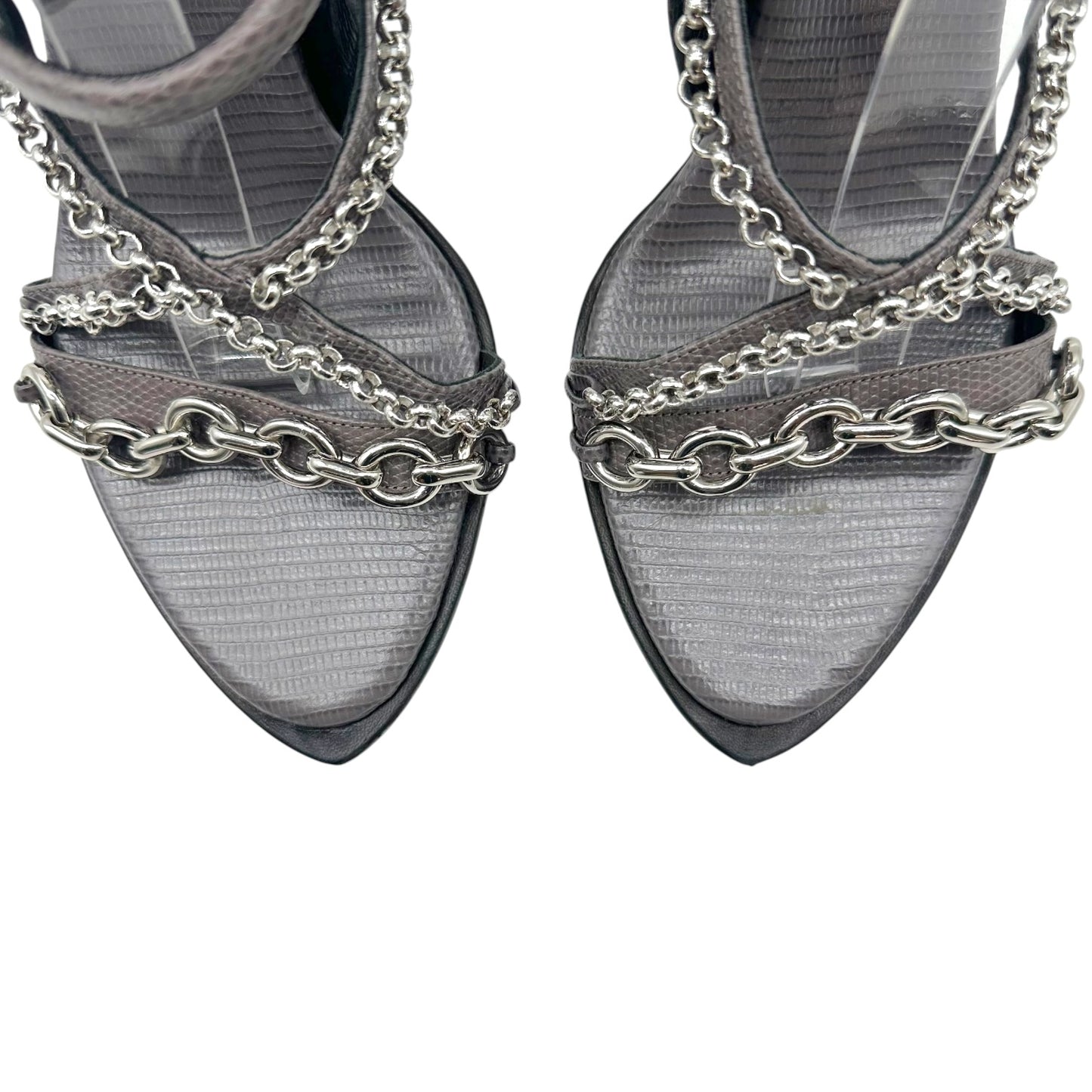 Chloé Dark Gray Lizard Embossed Silver Chain Strappy Sandal Heels