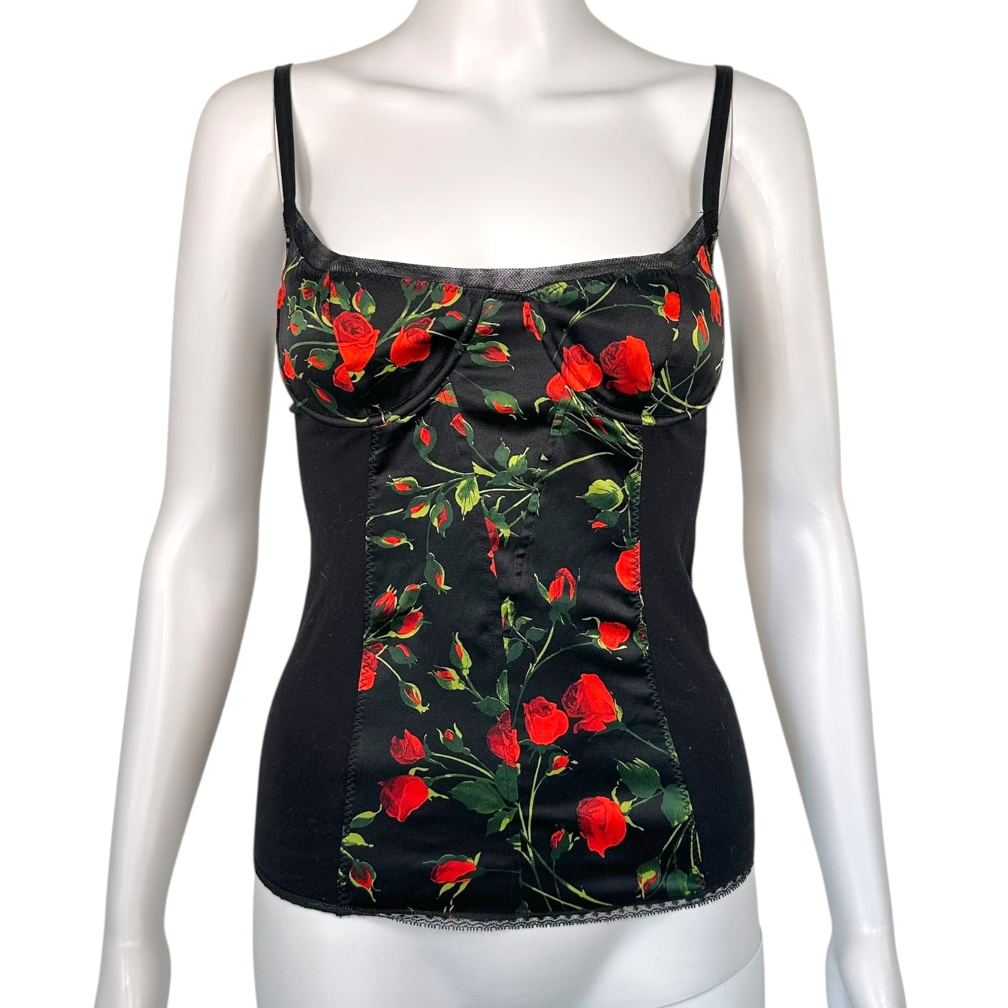 D&G Dolce & Gabbana Black & Red Rose Print Bustier Cami