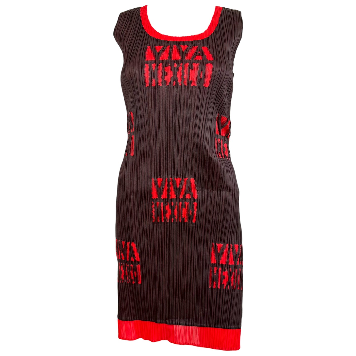 Issey Miyake Pleats Please Brown & Red 'Viva Mexico" Cut-Out Pleated Mini Dress Sz 5