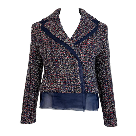 Christian Dior Navy Blue Red Tweed Silk Trim Cropped Jacket
