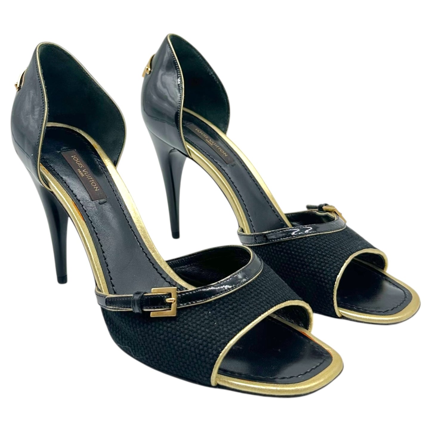 Louis Vuitton D'Orsay Sandal Heels Black Lizard Skin Gold