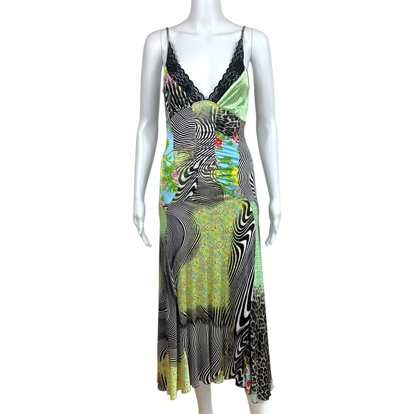 Roberto Cavalli Class Psychedelic Swirl & Floral Print Lace-Up Back Midi Dress