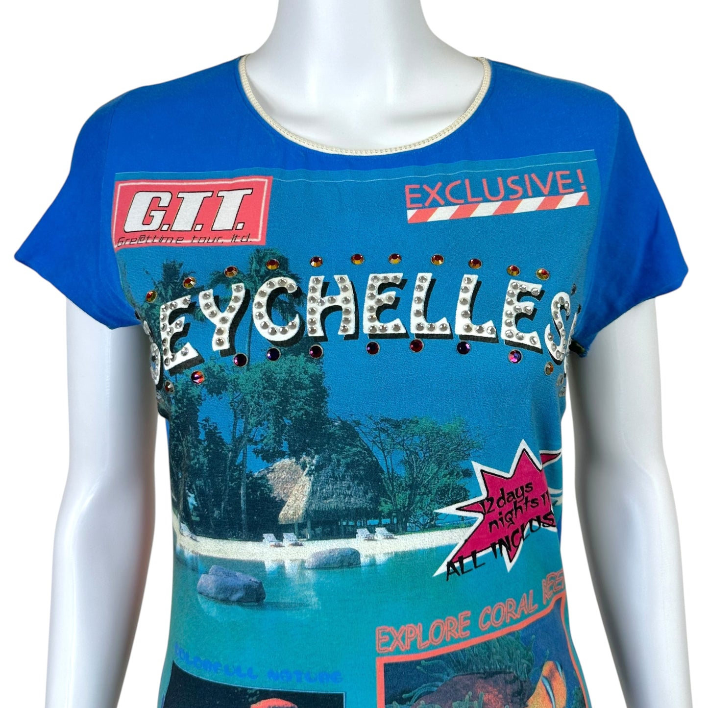 D&G Dolce & Gabbana S/S 2002 Seychelles Bedazzled Postcard Graphic T-Shirt