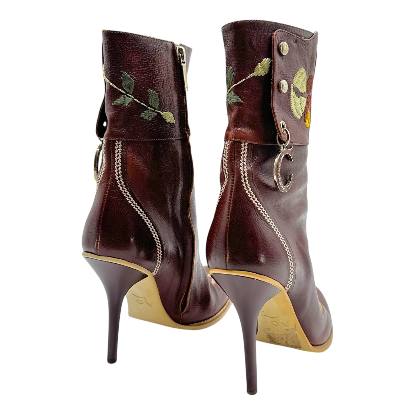 Christian Dior Brown Leather Embroidered Floral Heeled Boots