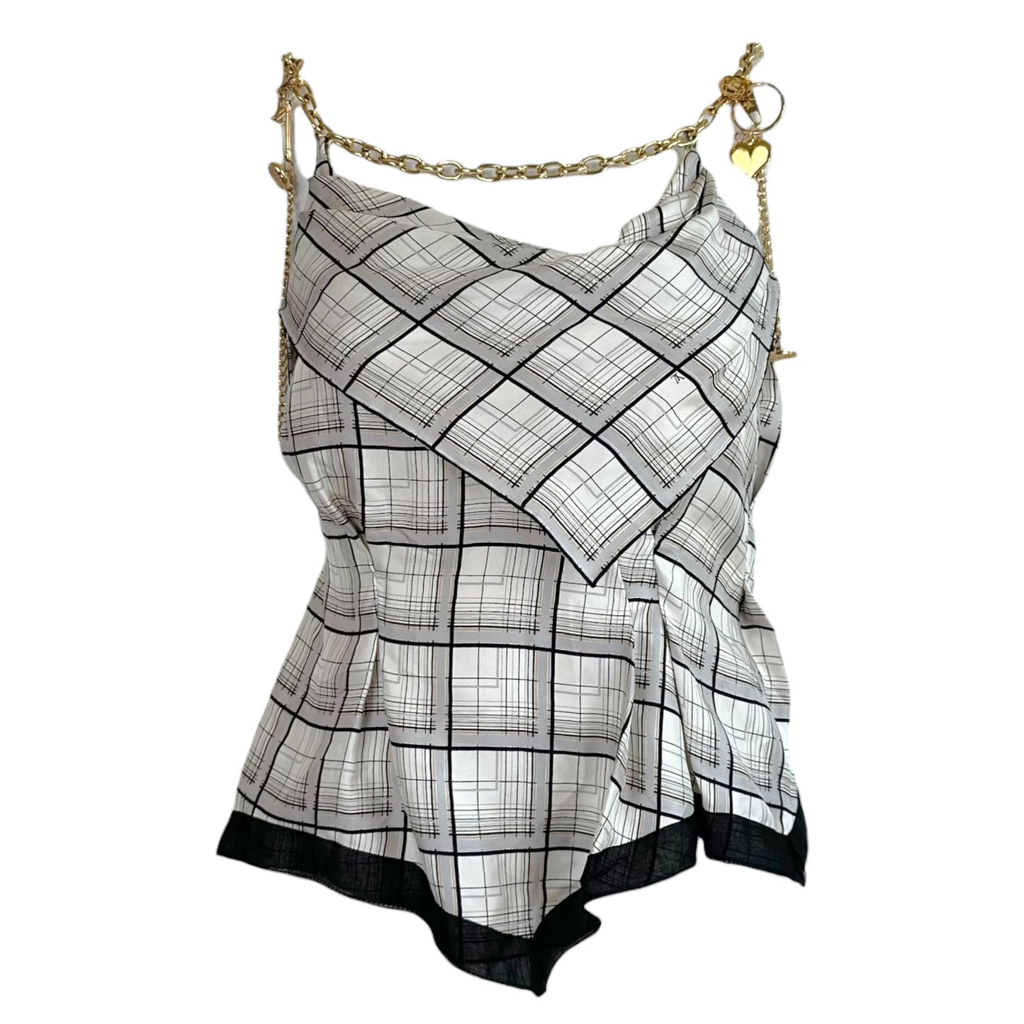 Louis Vuitton Plaid Print Silk Bustier Blouse w/ Gold Logo Charm Chain Strap