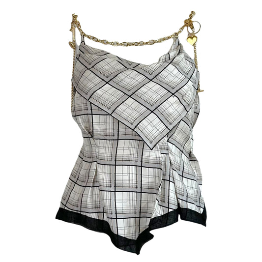 Louis Vuitton Plaid Print Silk Bustier Blouse w/ Gold Logo Charm Chain Strap