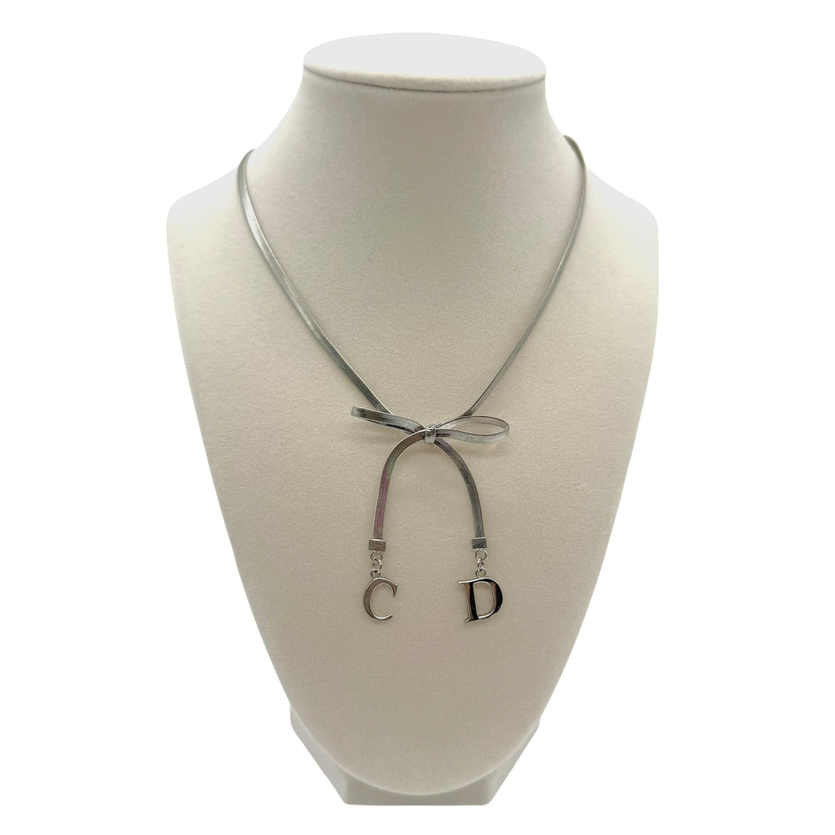 Christian Dior Silver CD Logo Bow Necklace