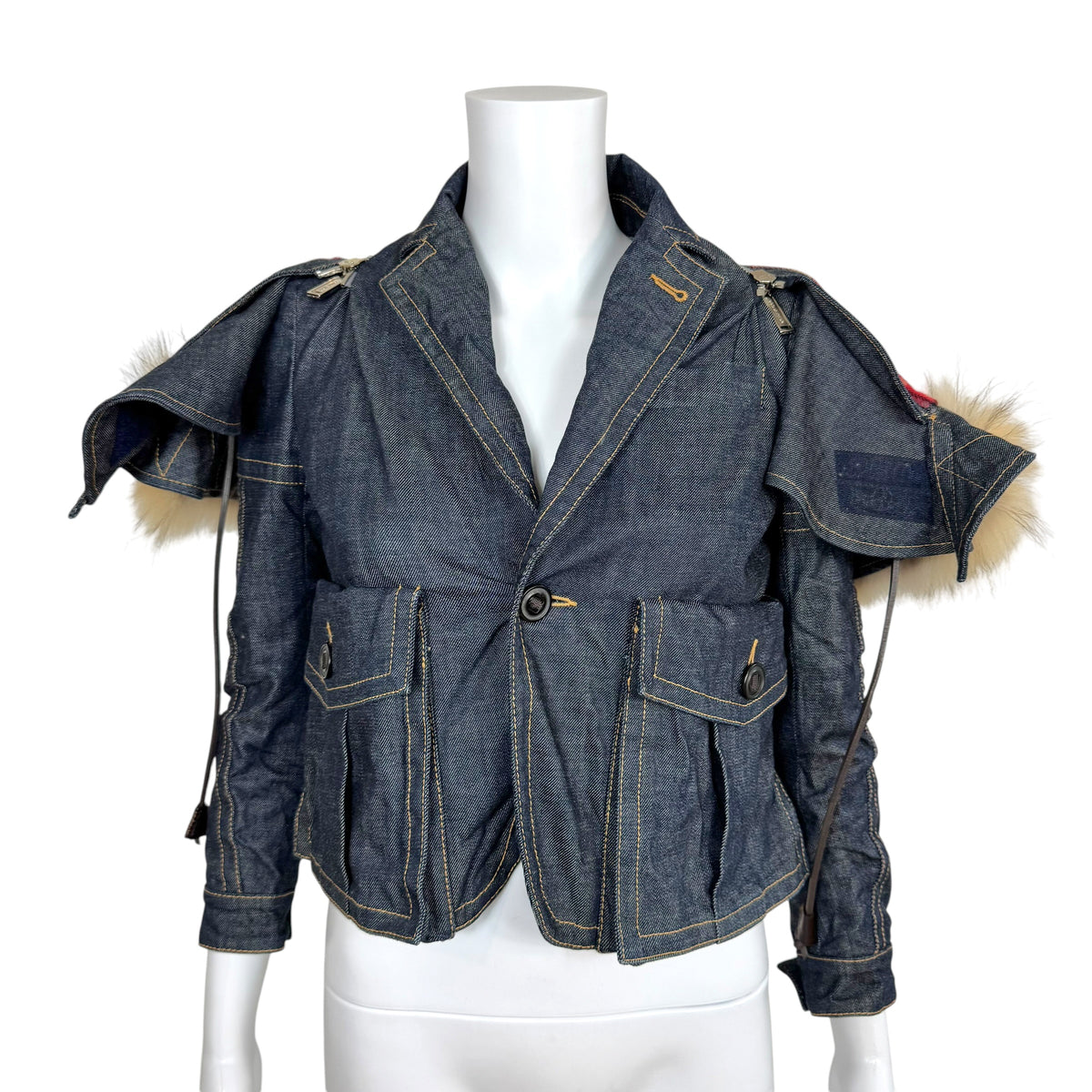 Dsquared2 Dark Wash Denim 3/4 Sleeve Fox Fur Trim Hood Jacket