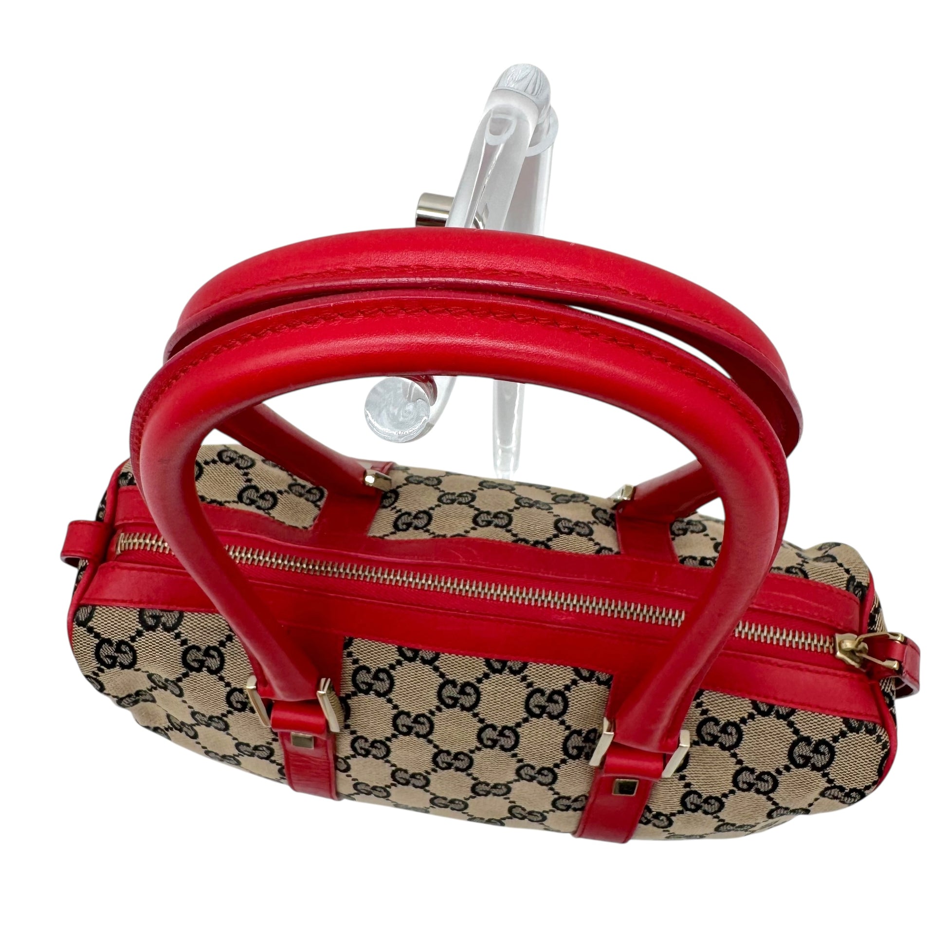 Gucci Gray Monogram & Red Leather Boston Bag - Outfit Repeater