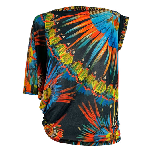 Jean Paul Gaultier Soleil Multicolor Parrot Feather Print Asymmetrical Mesh Top