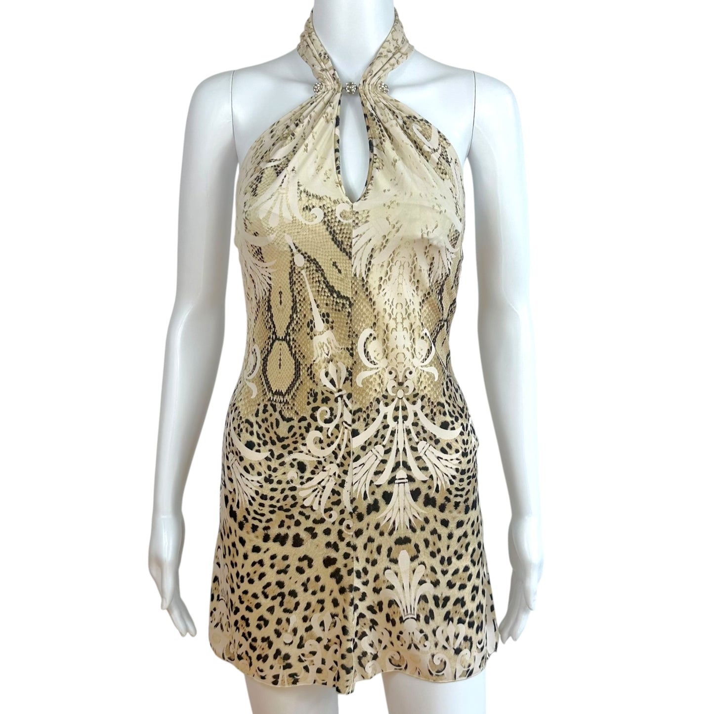 Roberto Cavalli 2006 Ivory & Tan Leopard Print Convertible Halter Mini Dress