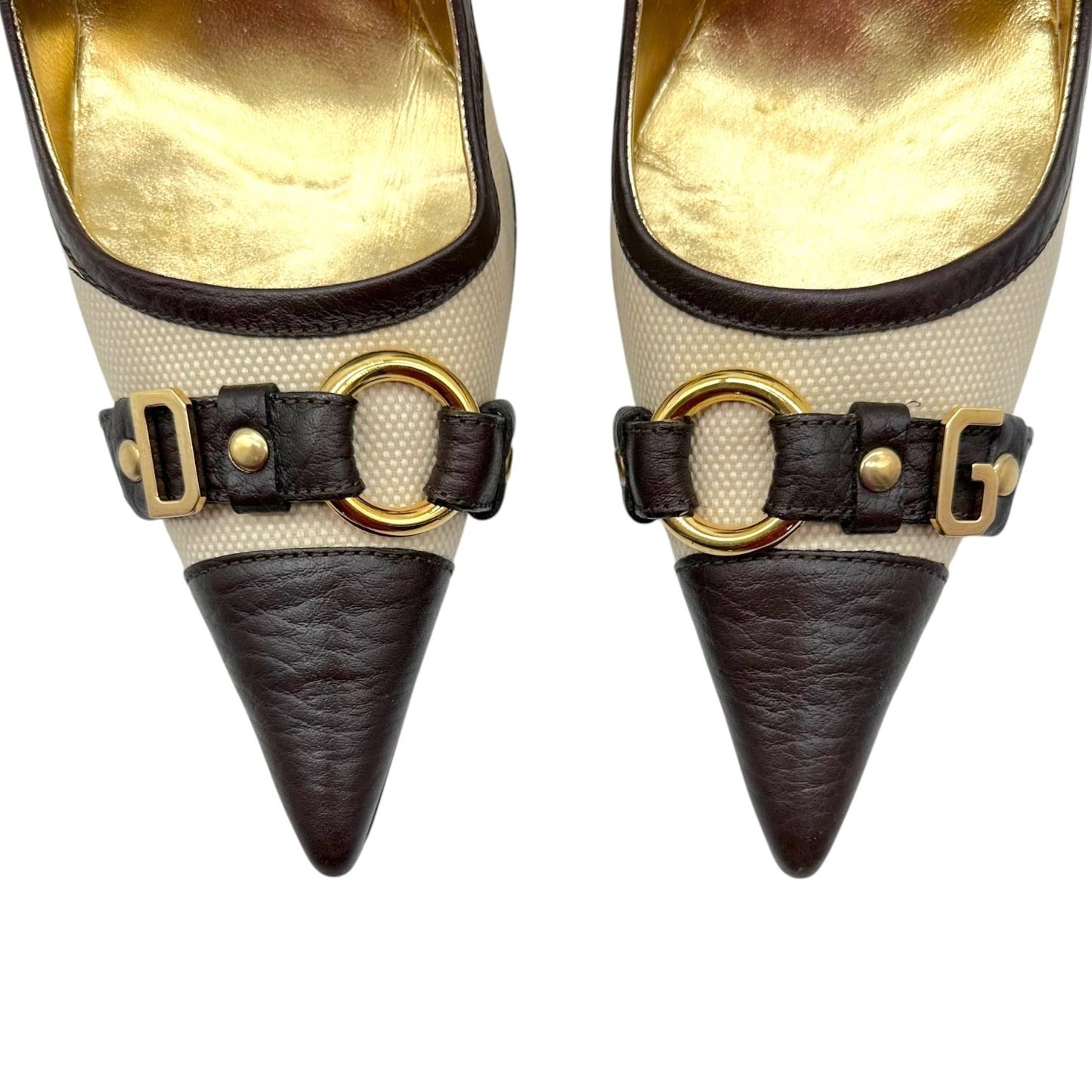 Dolce & Gabbana Ivory & Brown Canvas & Leather Gold Logo Charm Heels