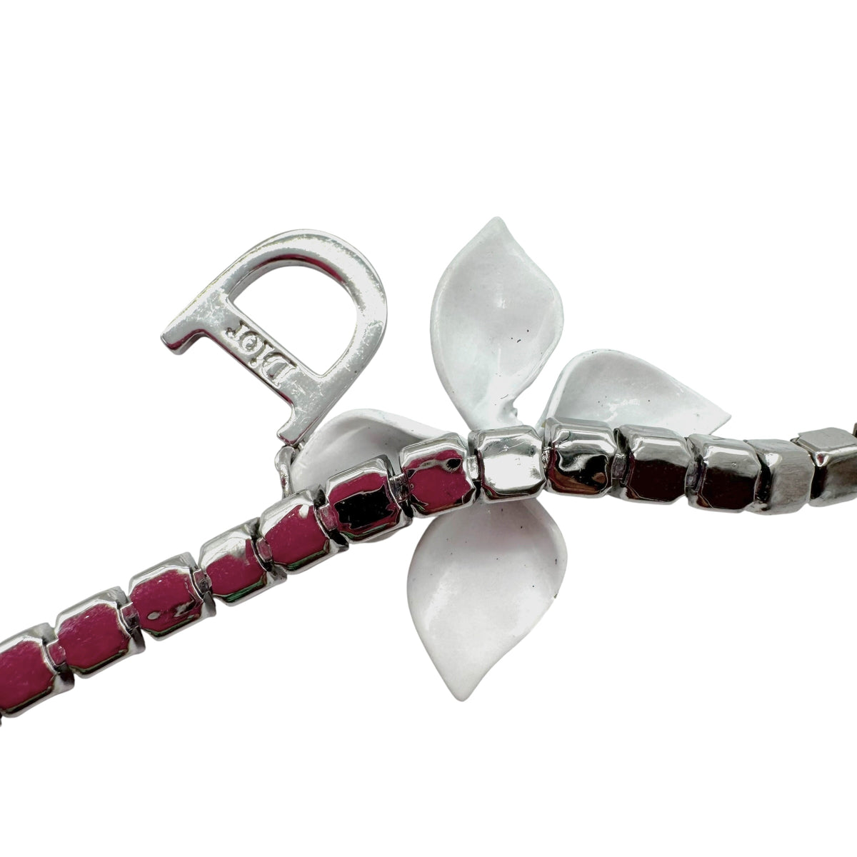 Christian Dior 'Girly Dior' Silver Crystal Tennis Chain & White Flower Choker Necklace