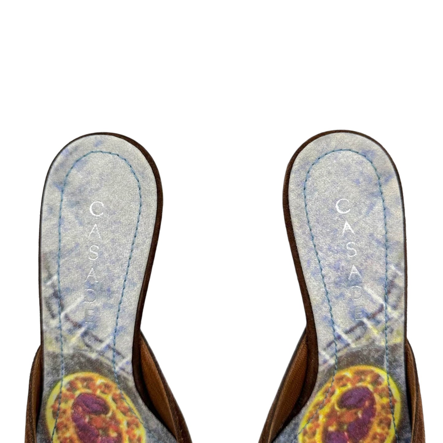 Casadei Denim Print Brown Suede Kitten Heel Mules