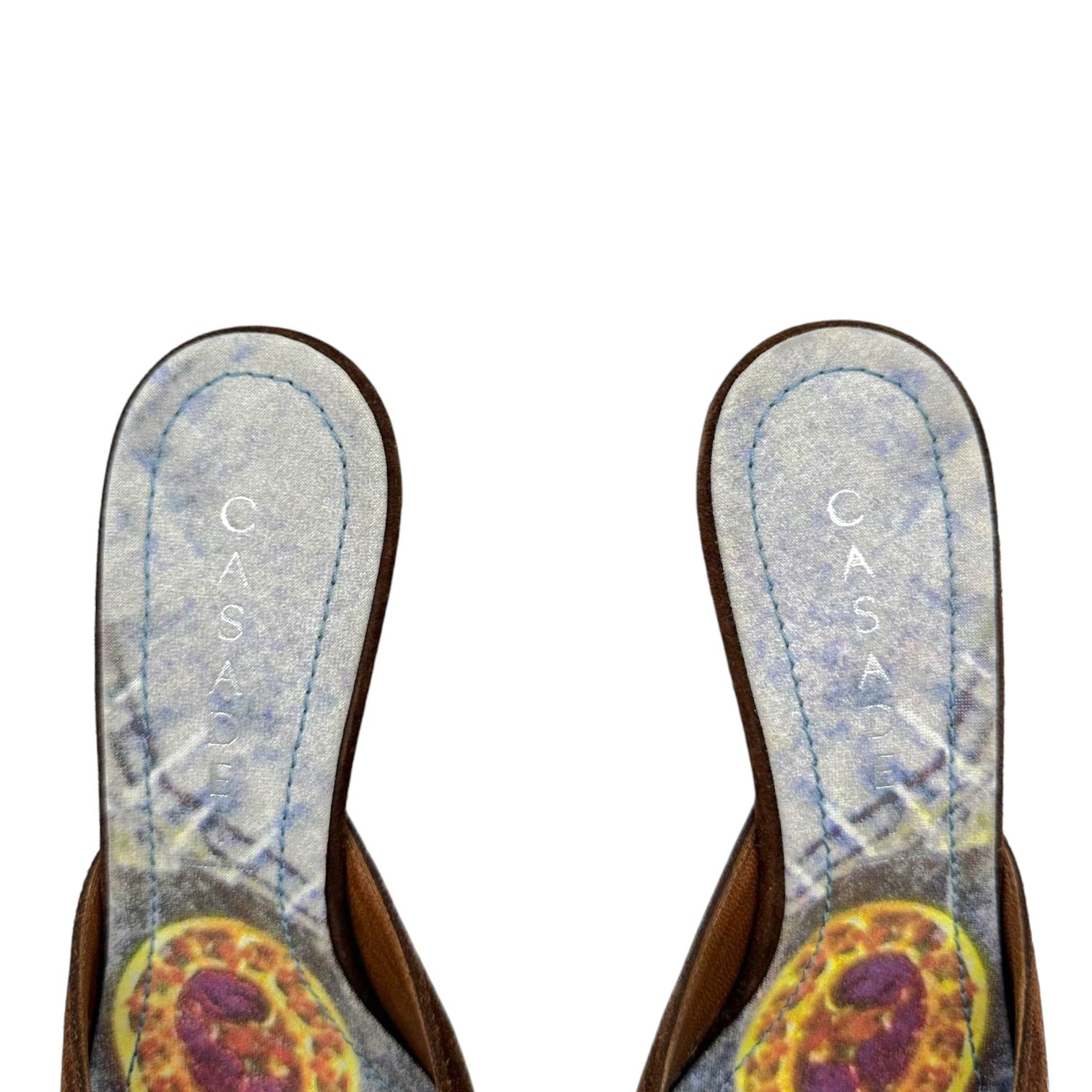 Casadei Denim Print Brown Suede Kitten Heel Mules