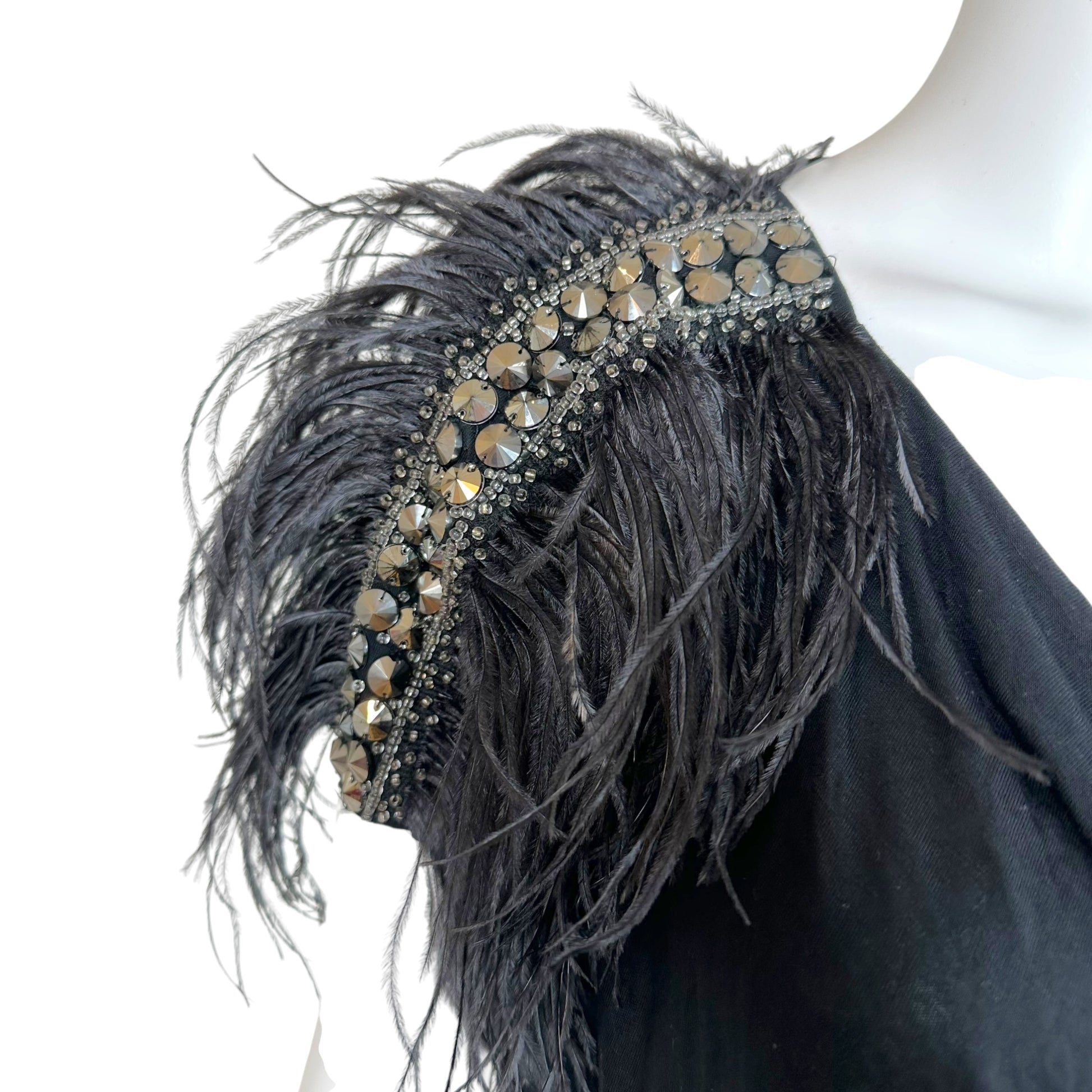 Emilio Pucci Black Cowl Neck Blouse Feather Trim