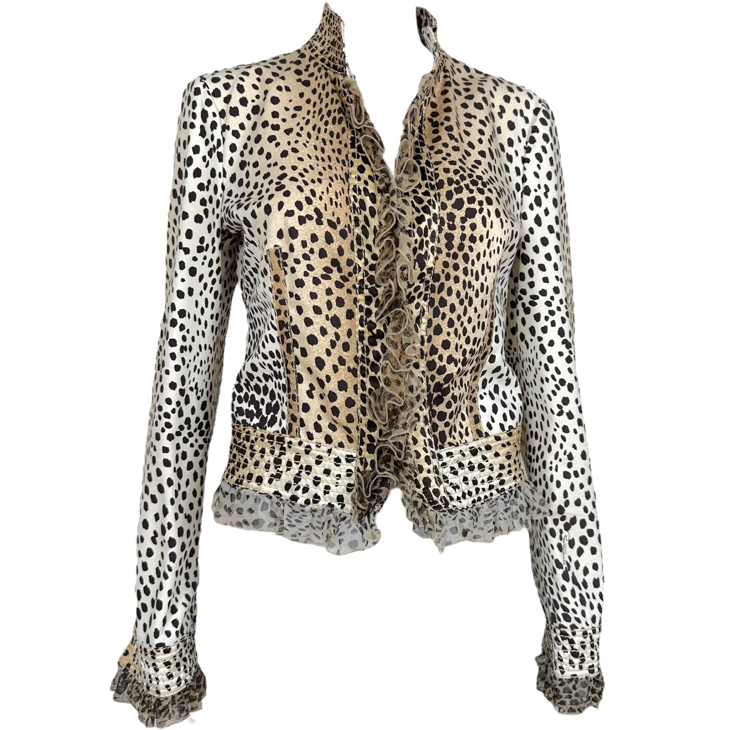 Roberto Cavalli 2005 Leopard Print Silk Ruffle Trim Jacket - Outfit Repeater