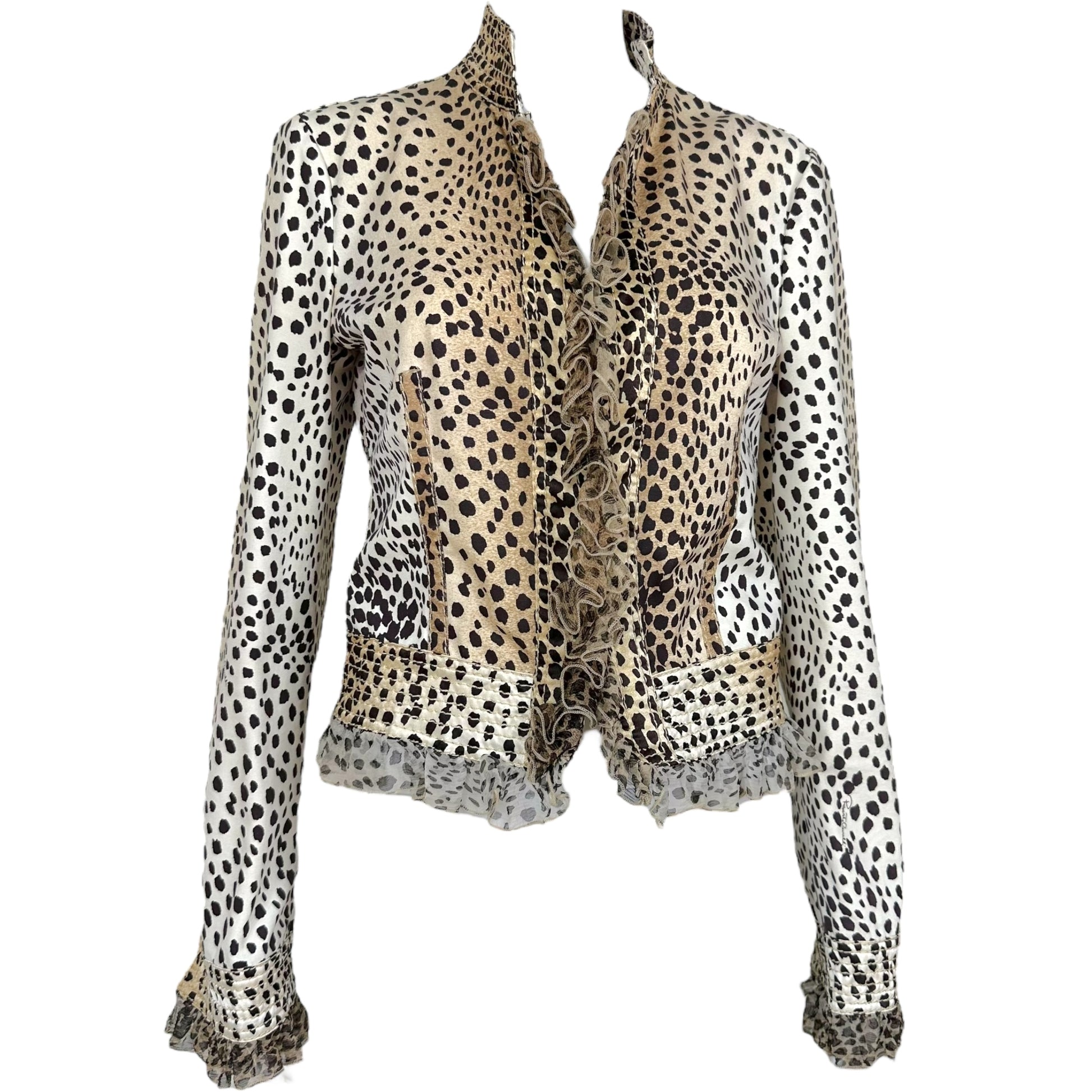 Roberto Cavalli 2005 Leopard Print Silk Ruffle Trim Jacket - Outfit Repeater