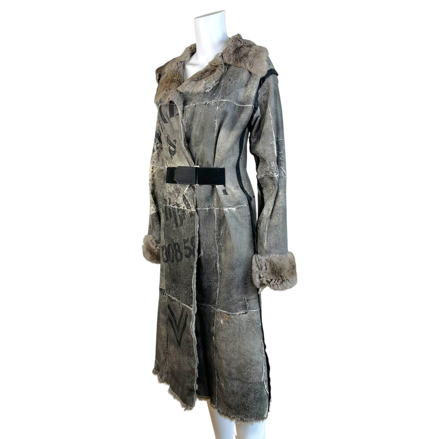 Dolce & Gabbana Gray Rabbit Fur Coat Distressed Print