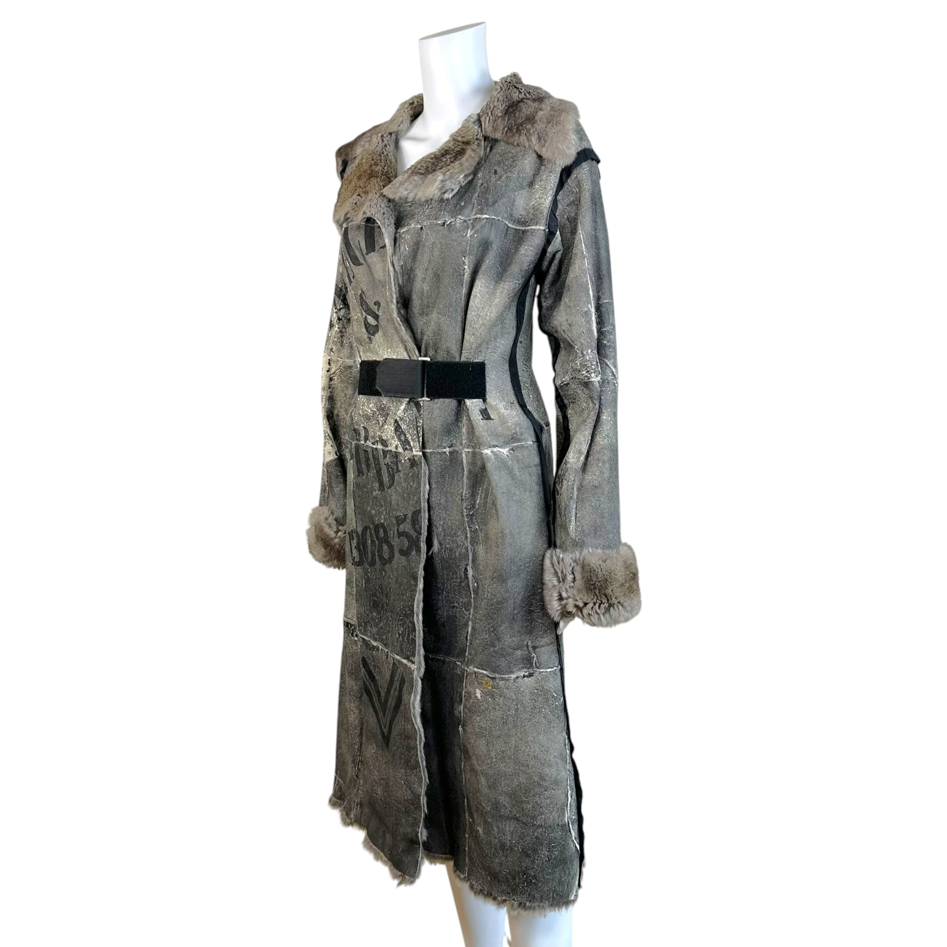 Dolce & Gabbana Gray Rabbit Fur Coat Distressed Print