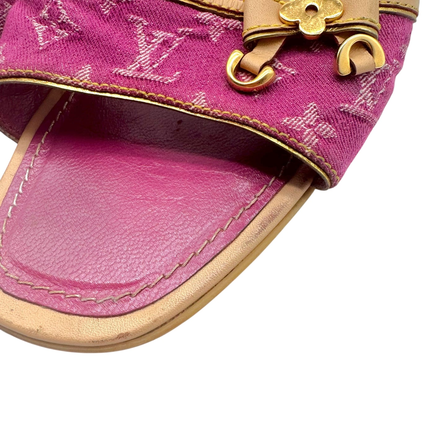 Louis Vuitton Pink Denim Monogram Kitten Heel Mule Sandals