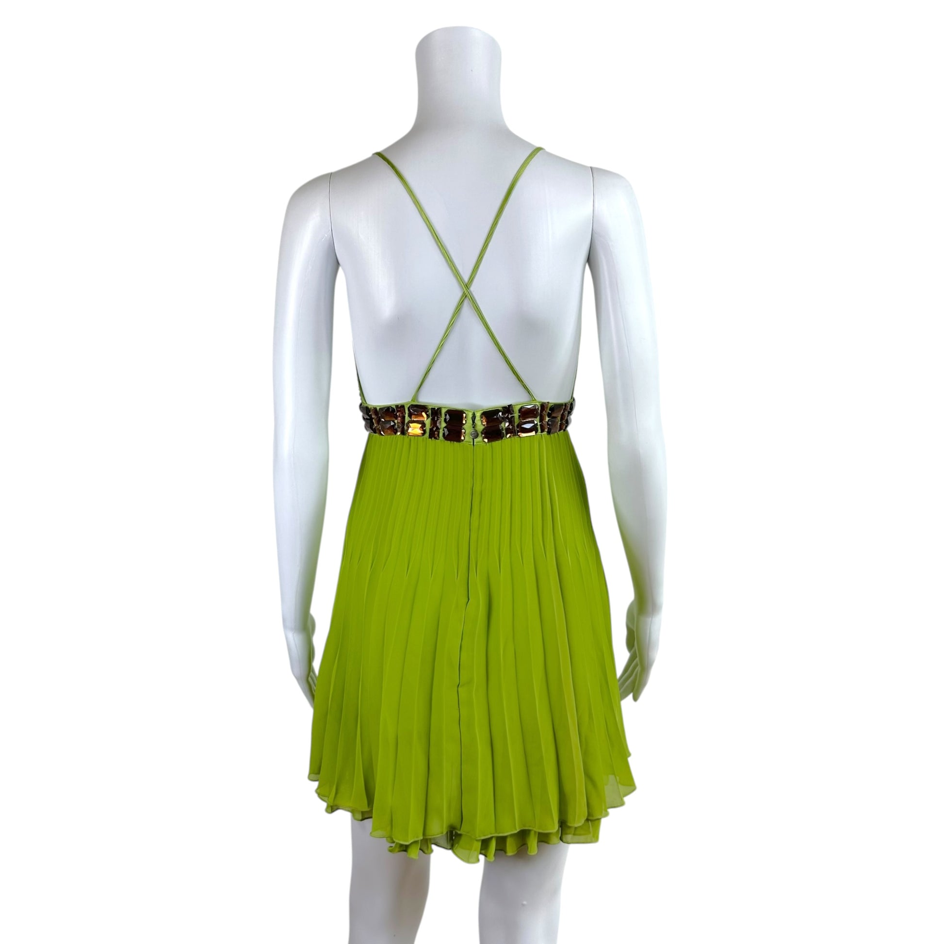 Roberto Cavalli Bright Green Rhinestone Pleated Mini Dress