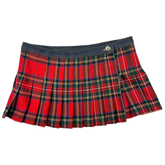 D&G Dolce & Gabbana Red Wool Plaid & Denim Pleated Micro Mini SKirt