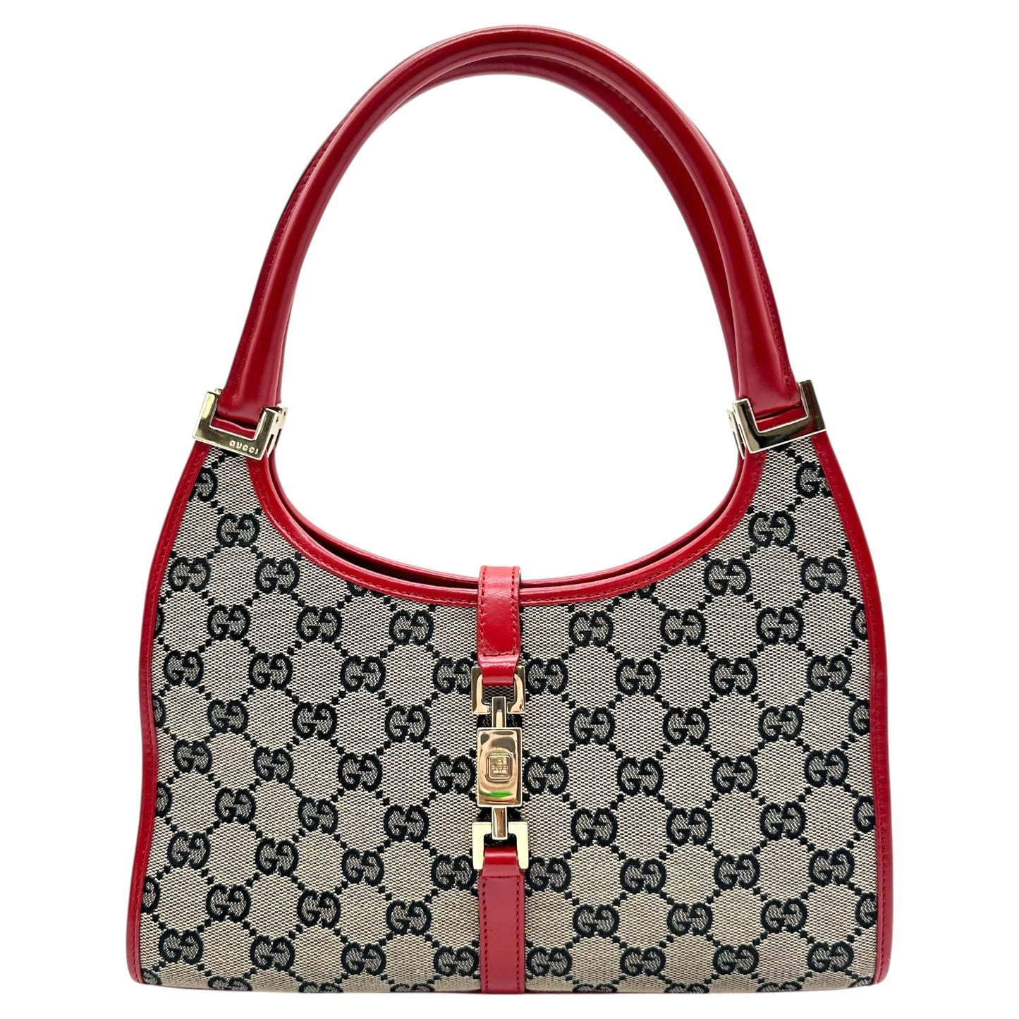 Gucci Gray Monogram & Red Leather Mini Jackie Bag