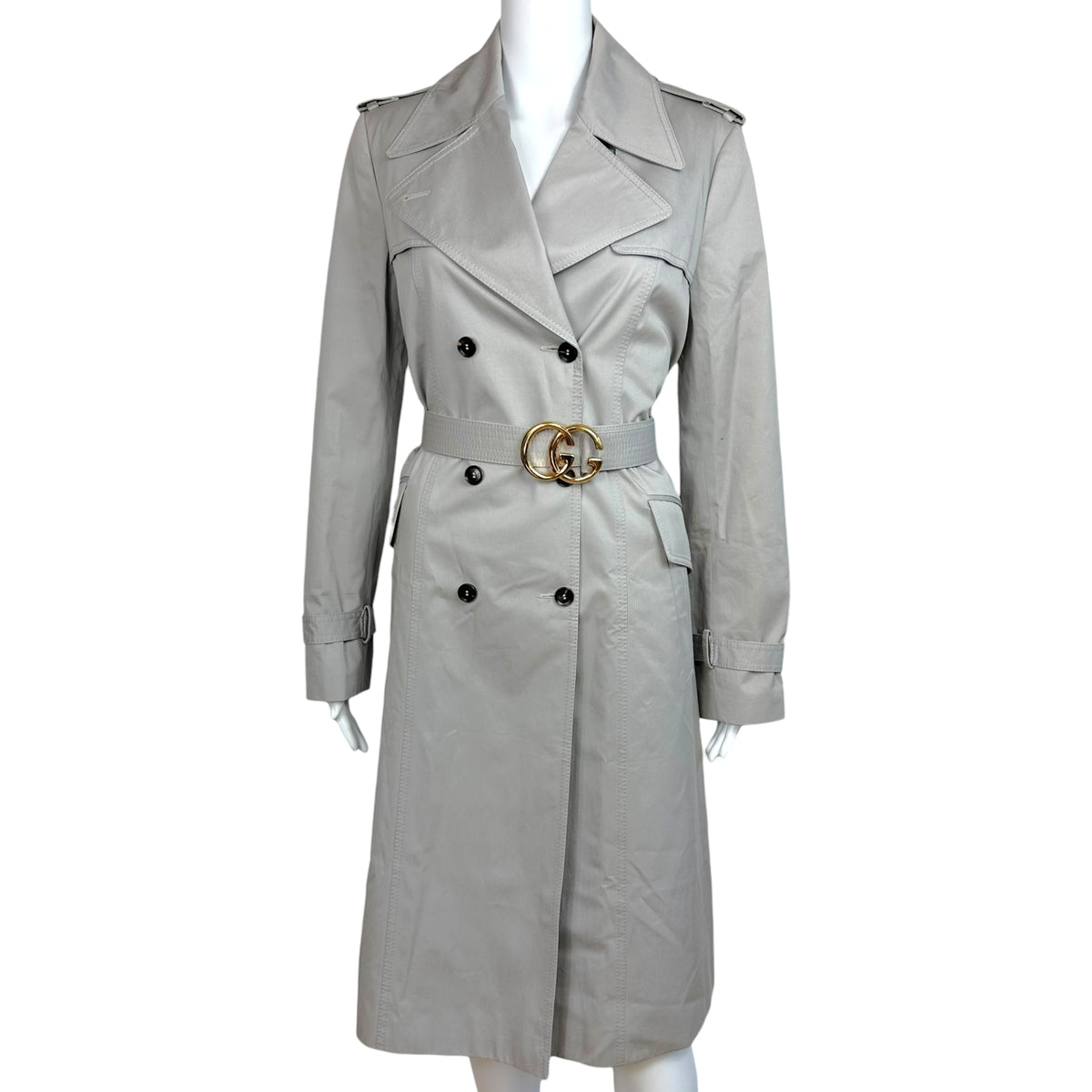 Gucci Light Gray Trench Coat with Gold GG Logo Belt