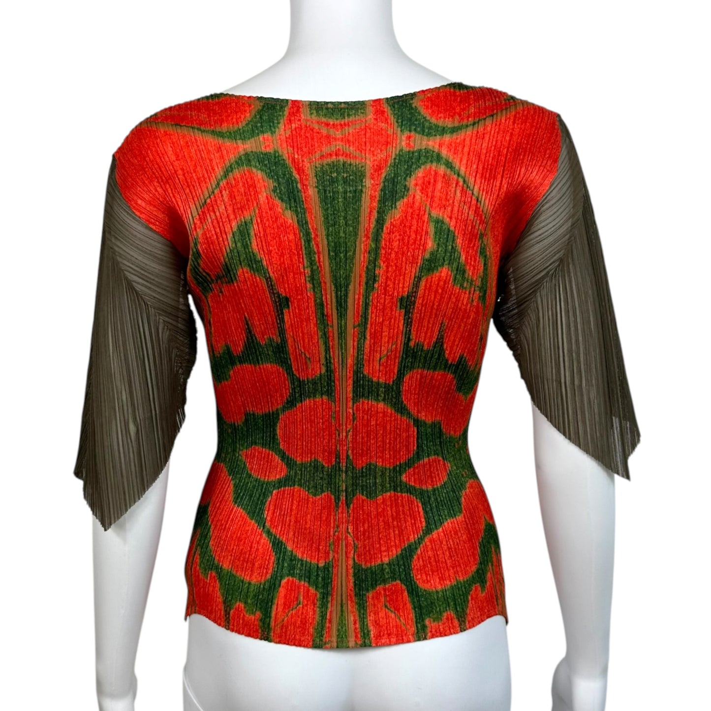 Issey Miyake Pleats Please Red & Green Patterned Batwing Sleeve Pleated Top