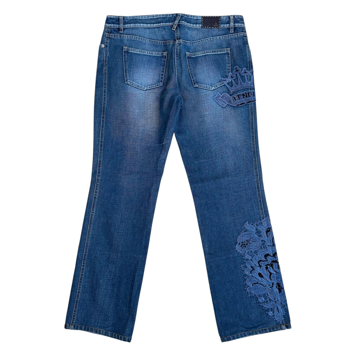 Fendi Dark Wash Denim Jeans With Beaded Logo Embroidery