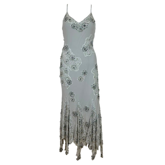 Sue Wong Gray & Silver Beaded Silk & Lace Asymmetrical Hem Midi Dress