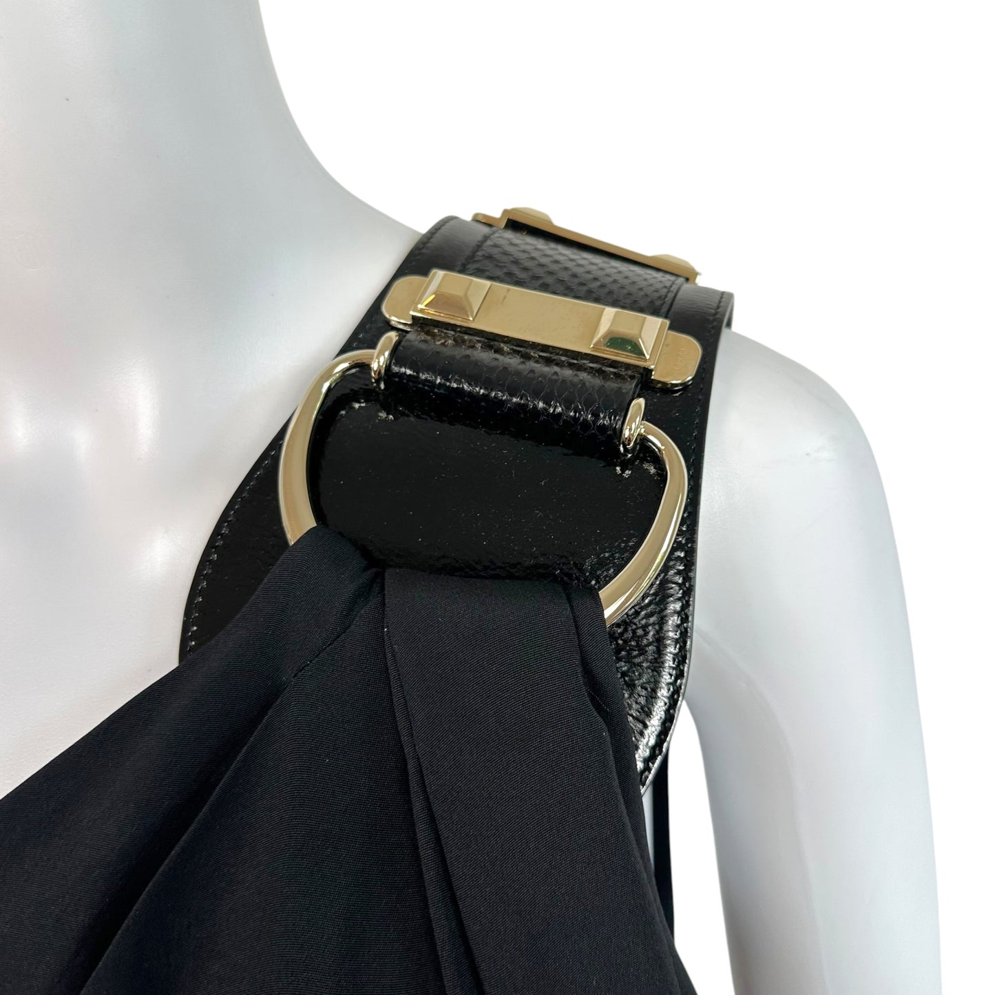 Gucci S/S 2008 Black & Yellow Silk Studded Horsebit One-Shoulder Gown