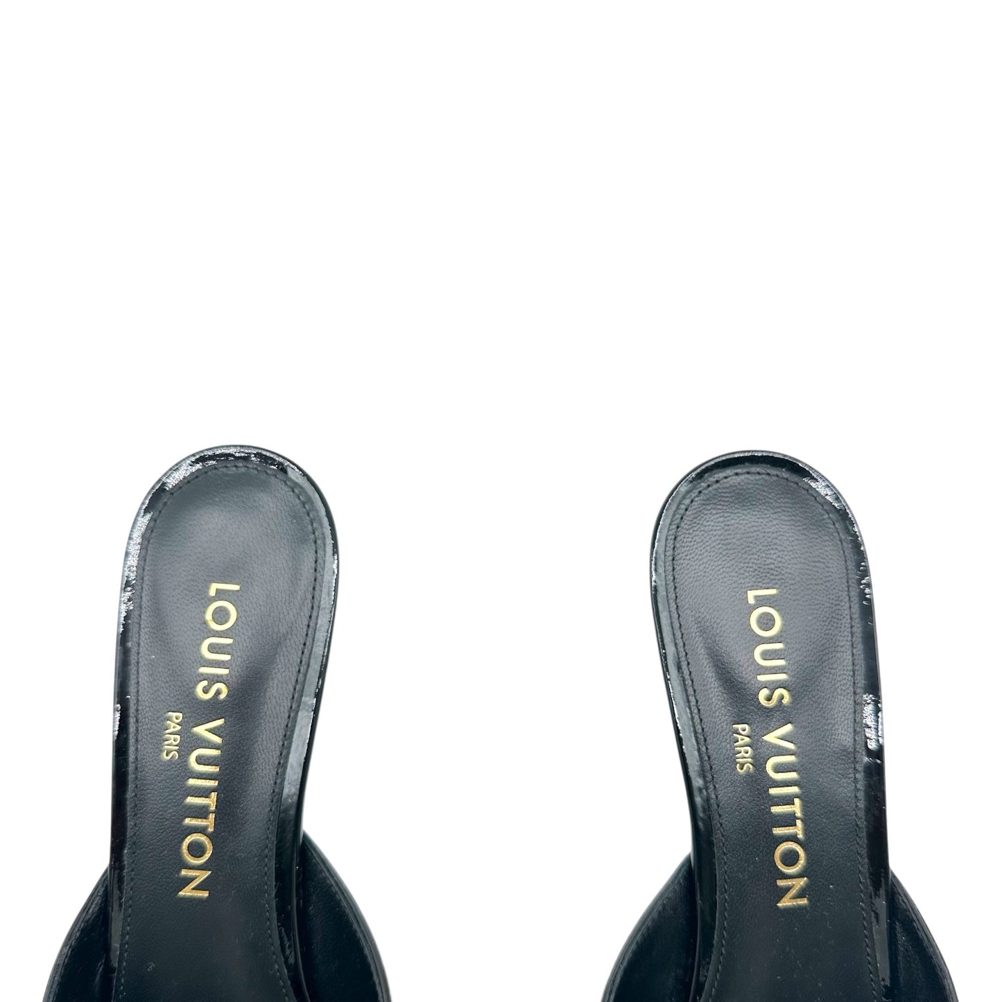 Louis Vuitton Damier Ebene Patent Pointed Toe Kitten Heel Mules