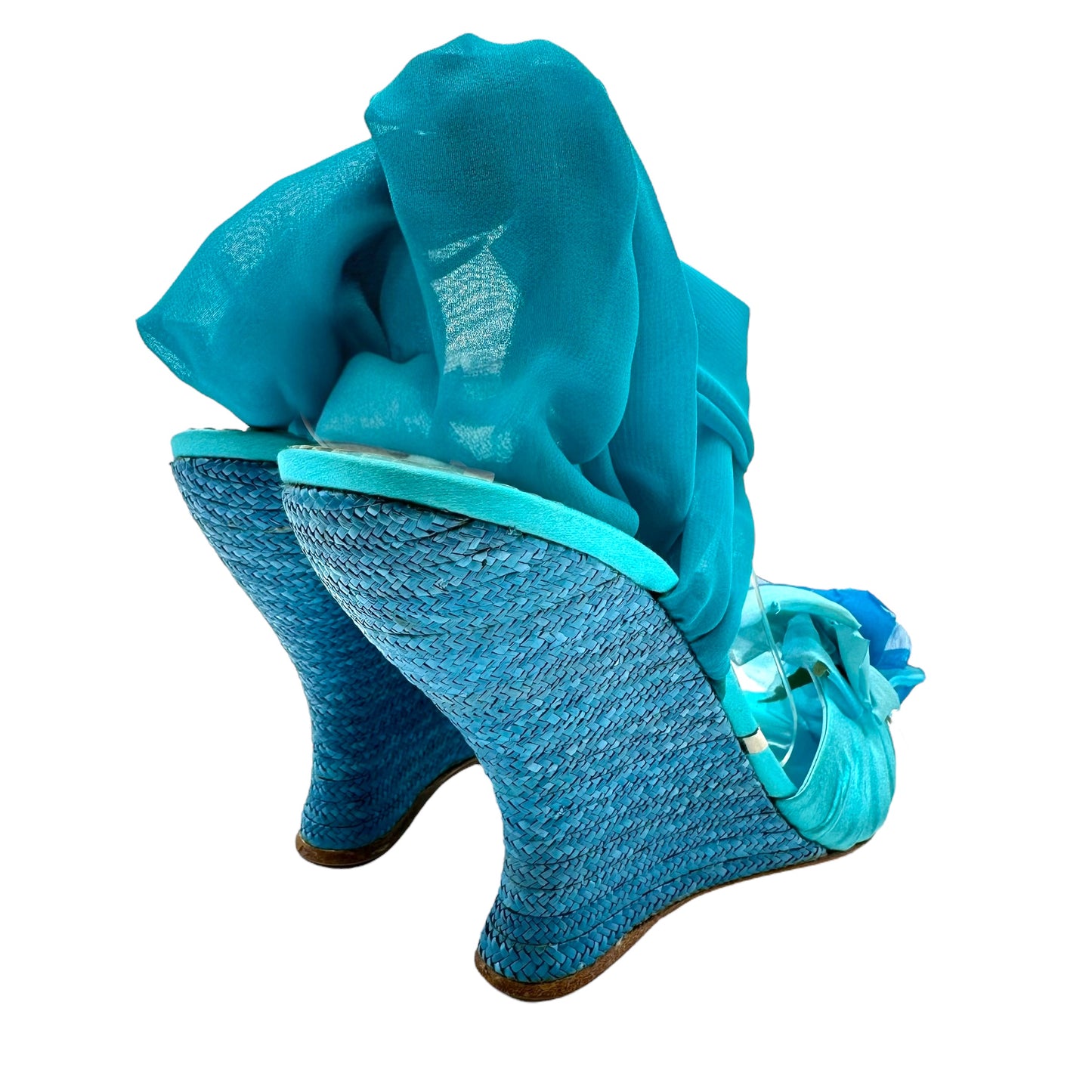 Gianmarco Lorenzi Blue Flower Embellished Wrap Wedge Heels