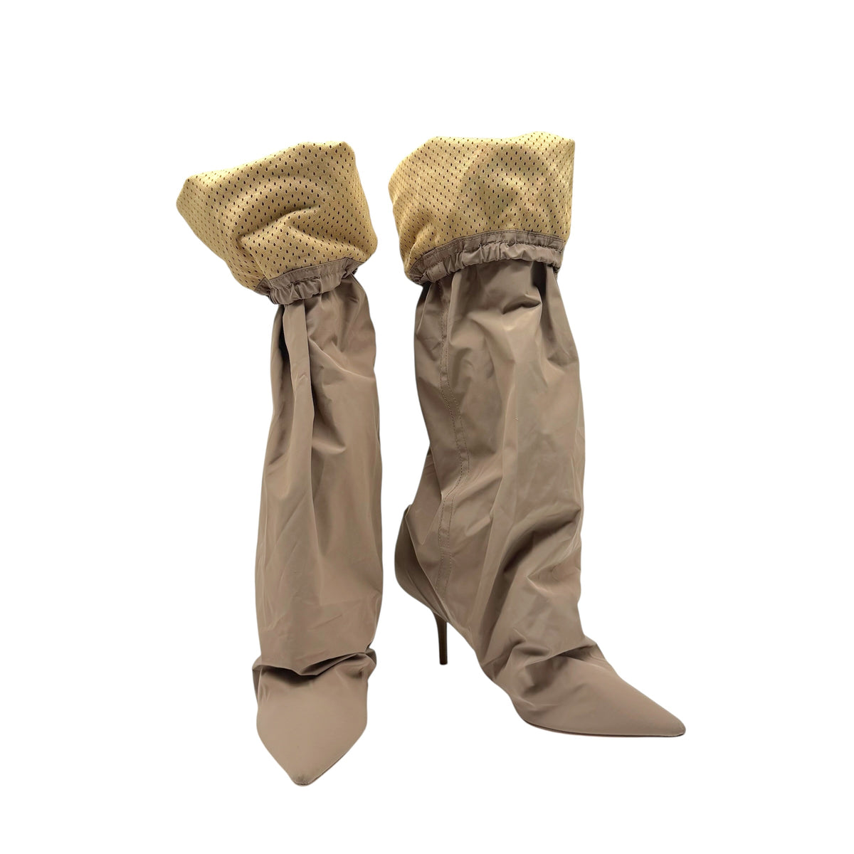 Yeezy Season 6 Taupe Nylon Fold-Over Slouchy Heeled Boots