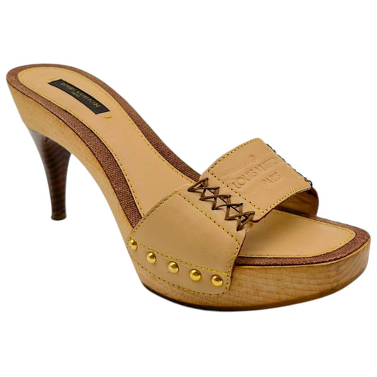 Louis Vuitton Beige Leather Whipstitch Kitten Heel Mules