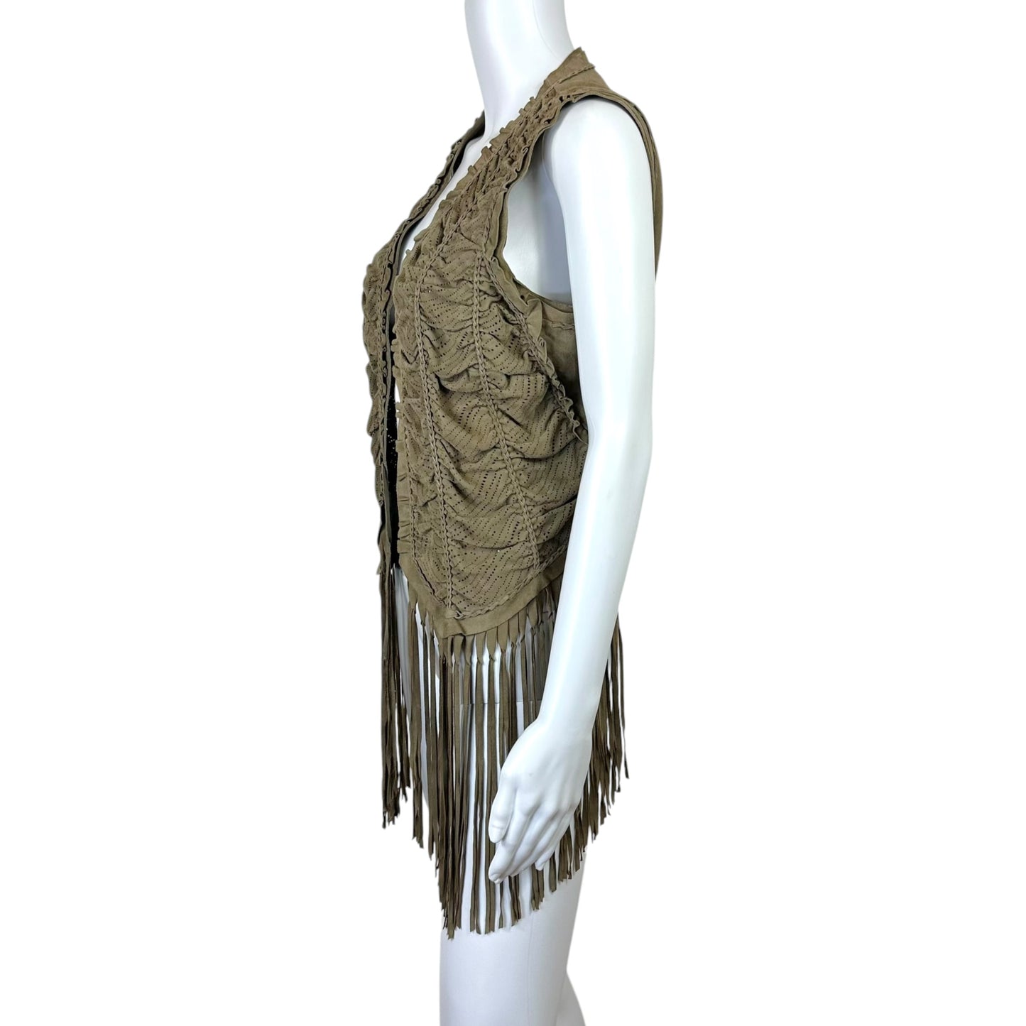 Roberto Cavalli Brown Perforated Suede Fringe Trim Cropped Vest