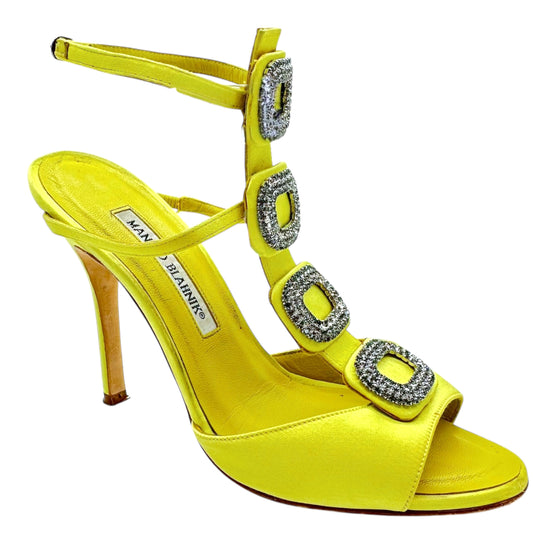 Manolo Blahnik Chartreuse Silk Crystal Embellished Heels